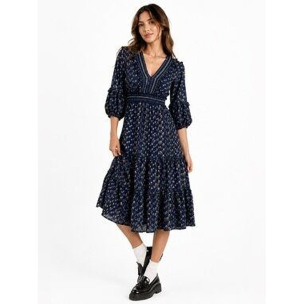 Max Studio Midi Dress Medium Navy Blue Floral Smocked Boho Tiered Cottagecore
